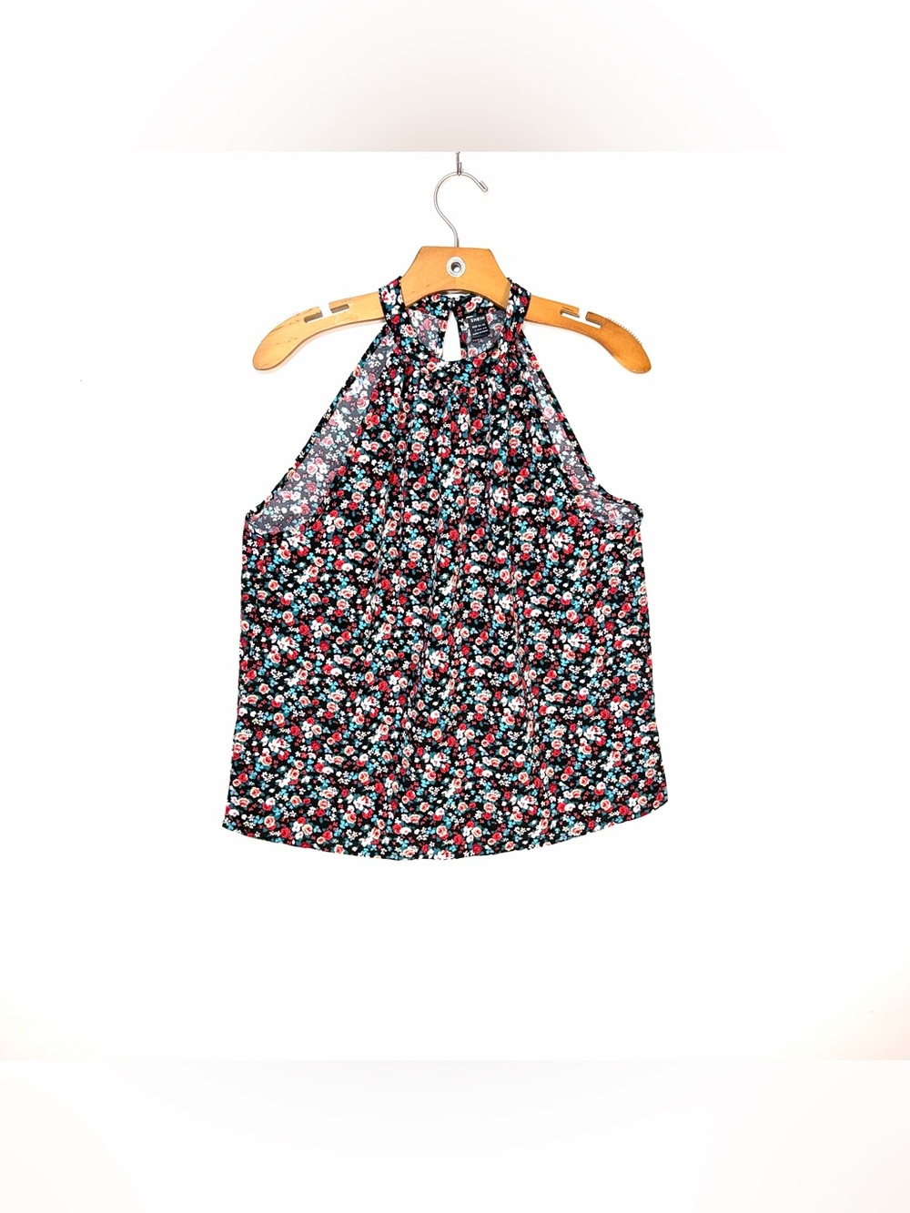 SHEIN Black Halter Floral Camisole with Pink & Teal Flowers